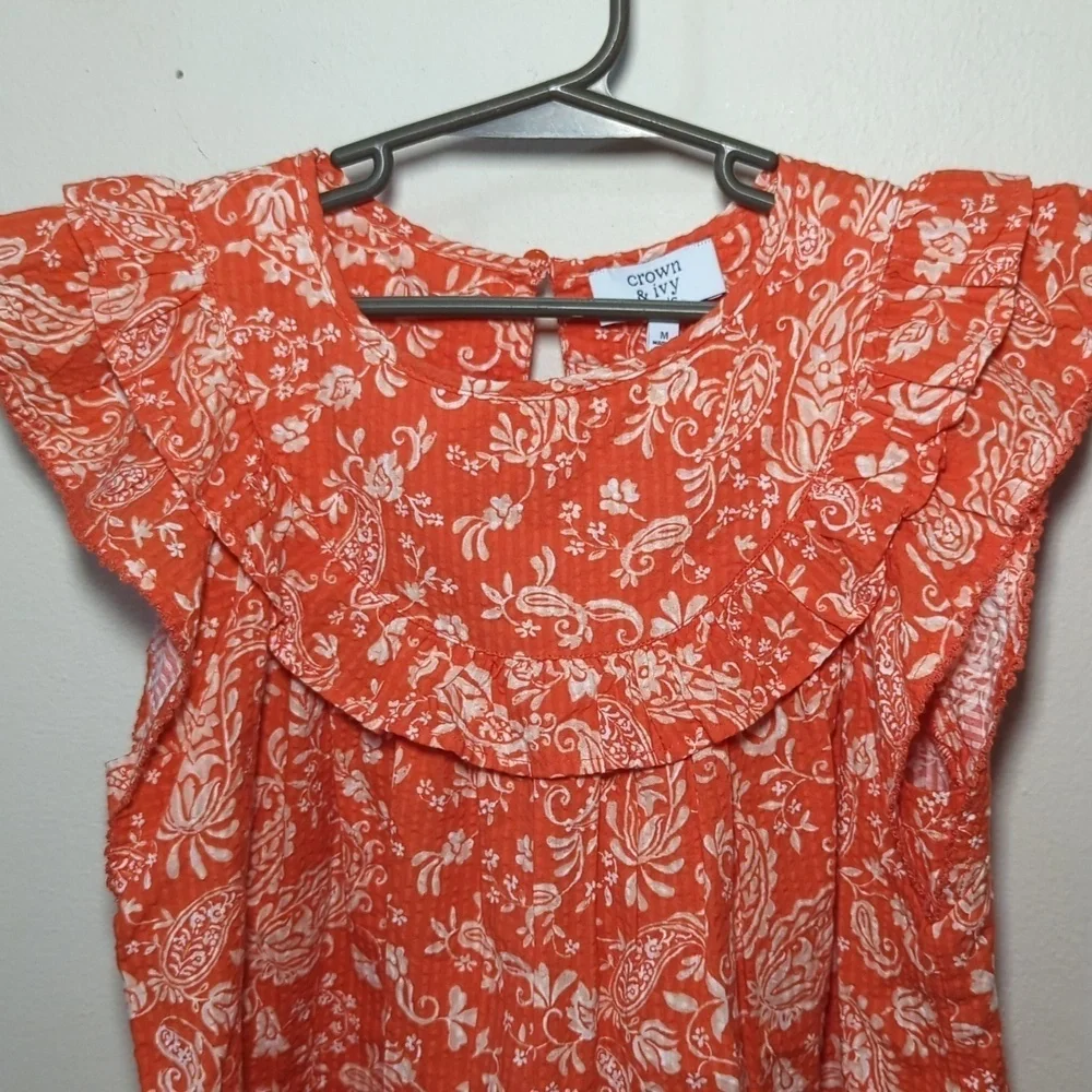 Crown & Ivy Orange + White Floral Ruffle Blouse Cap Sleeves Girls Size M NEW
